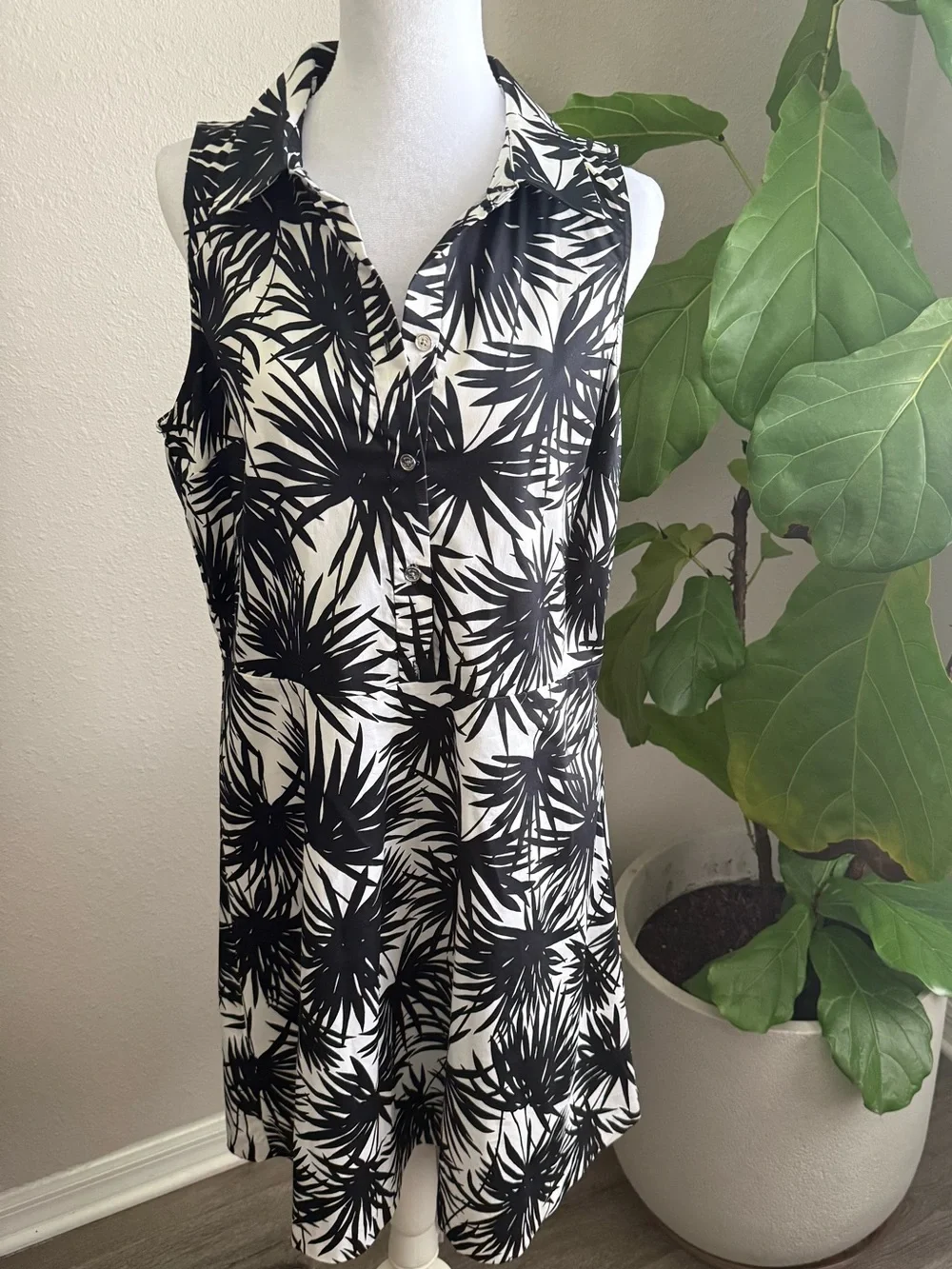 Michael Kors Black and White Palm-Print Shirt Dress